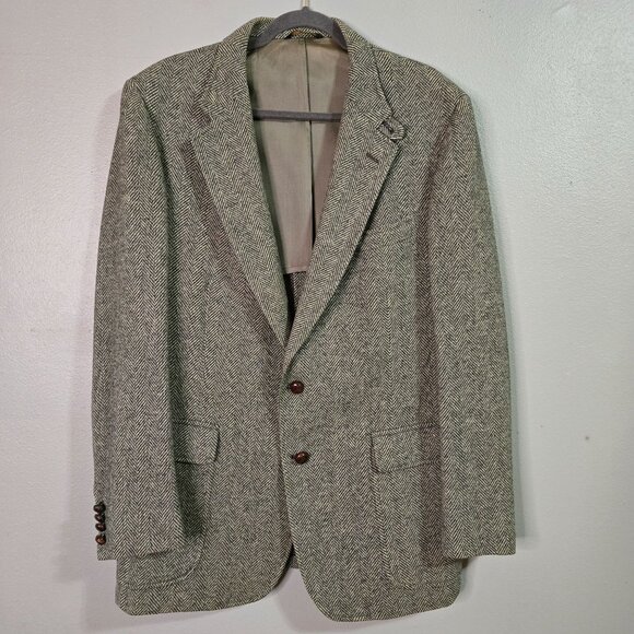 Vintage Sanger Harris Mens Wool Blazer Jacket USA Size 46 Herringbone Preppy Pro - Picture 1 of 16